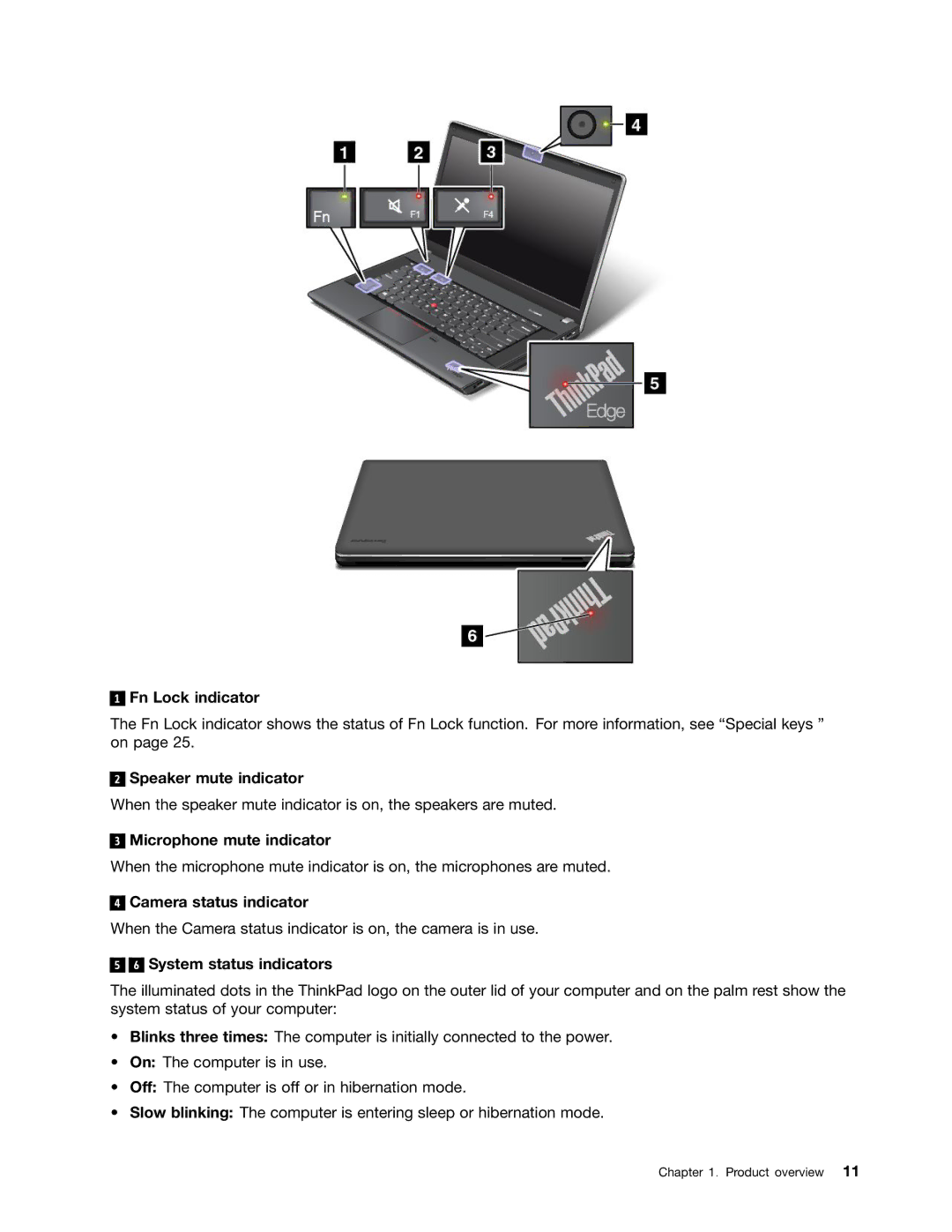 Lenovo E531, E431 manual Fn Lock indicator, Speaker mute indicator, Microphone mute indicator, Camera status indicator 