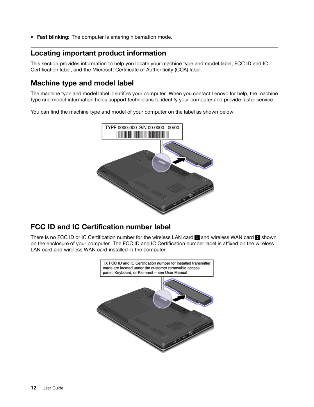 Lenovo E431 Locating important product information, Machine type and model label, FCC ID and IC Certification number label 