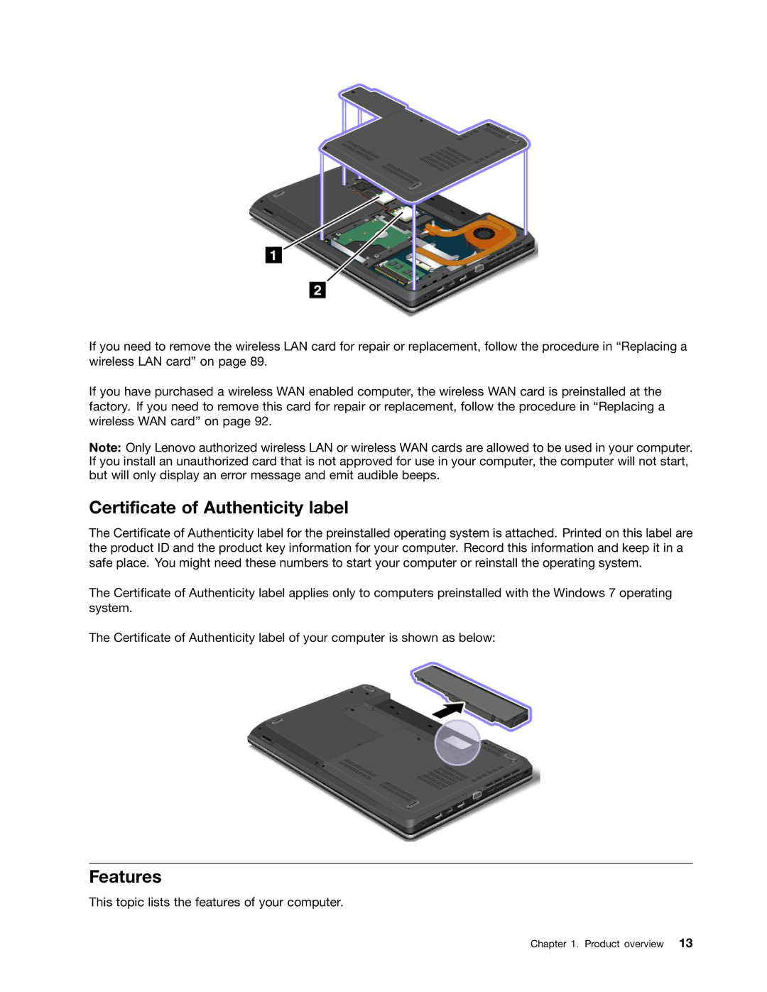 Lenovo E531, E431 manual Certificate of Authenticity label, Features 