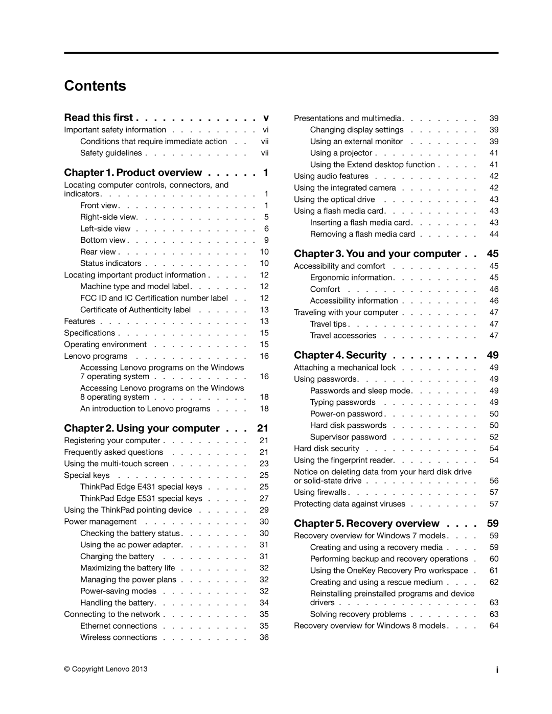 Lenovo E531, E431 manual Contents 