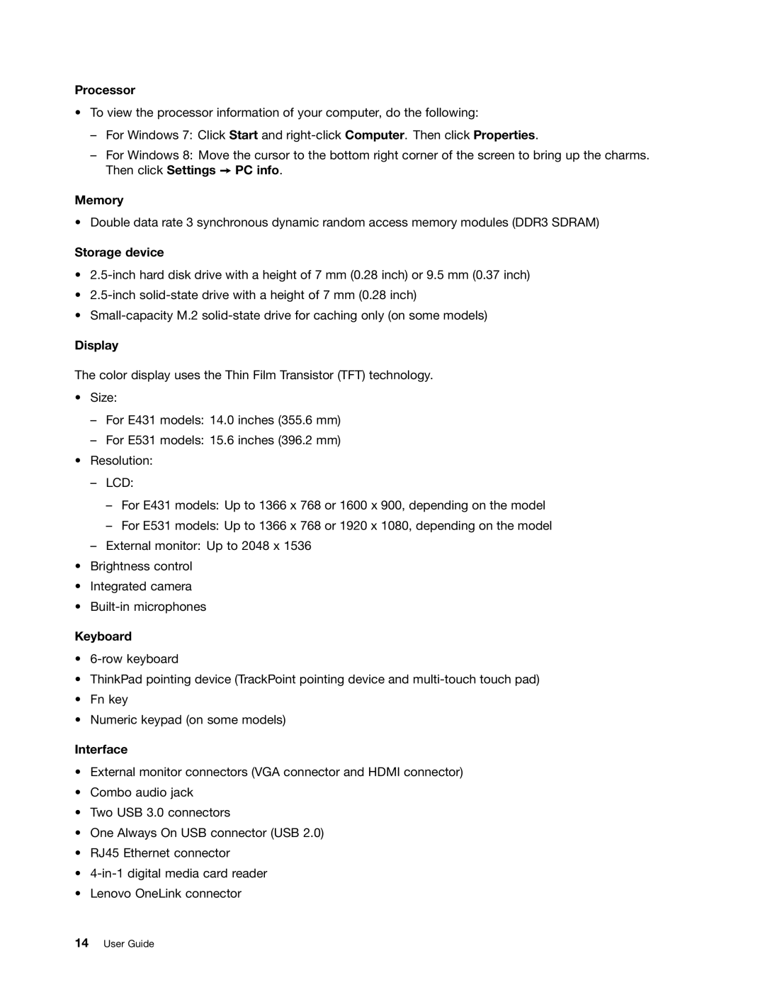 Lenovo E431, E531 manual Processor, Memory, Storage device, Display, Keyboard, Interface 