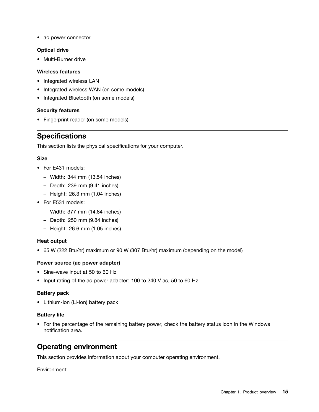 Lenovo E531, E431 manual Specifications, Operating environment 