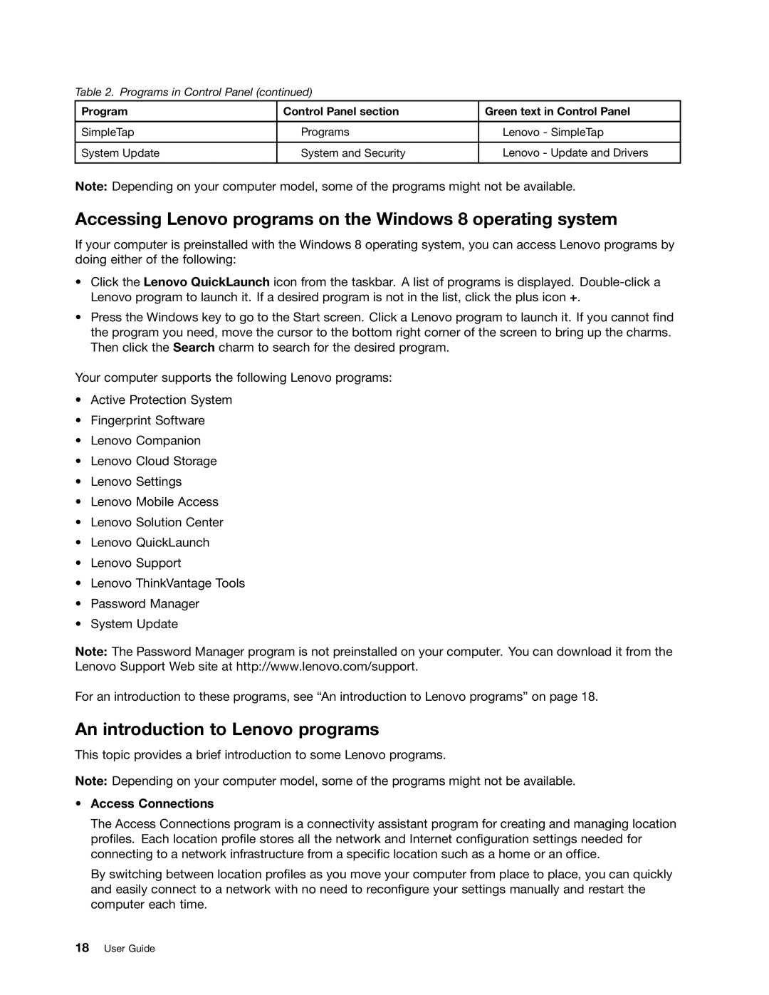 Lenovo E431, E531 manual Accessing Lenovo programs on the Windows 8 operating system, An introduction to Lenovo programs 