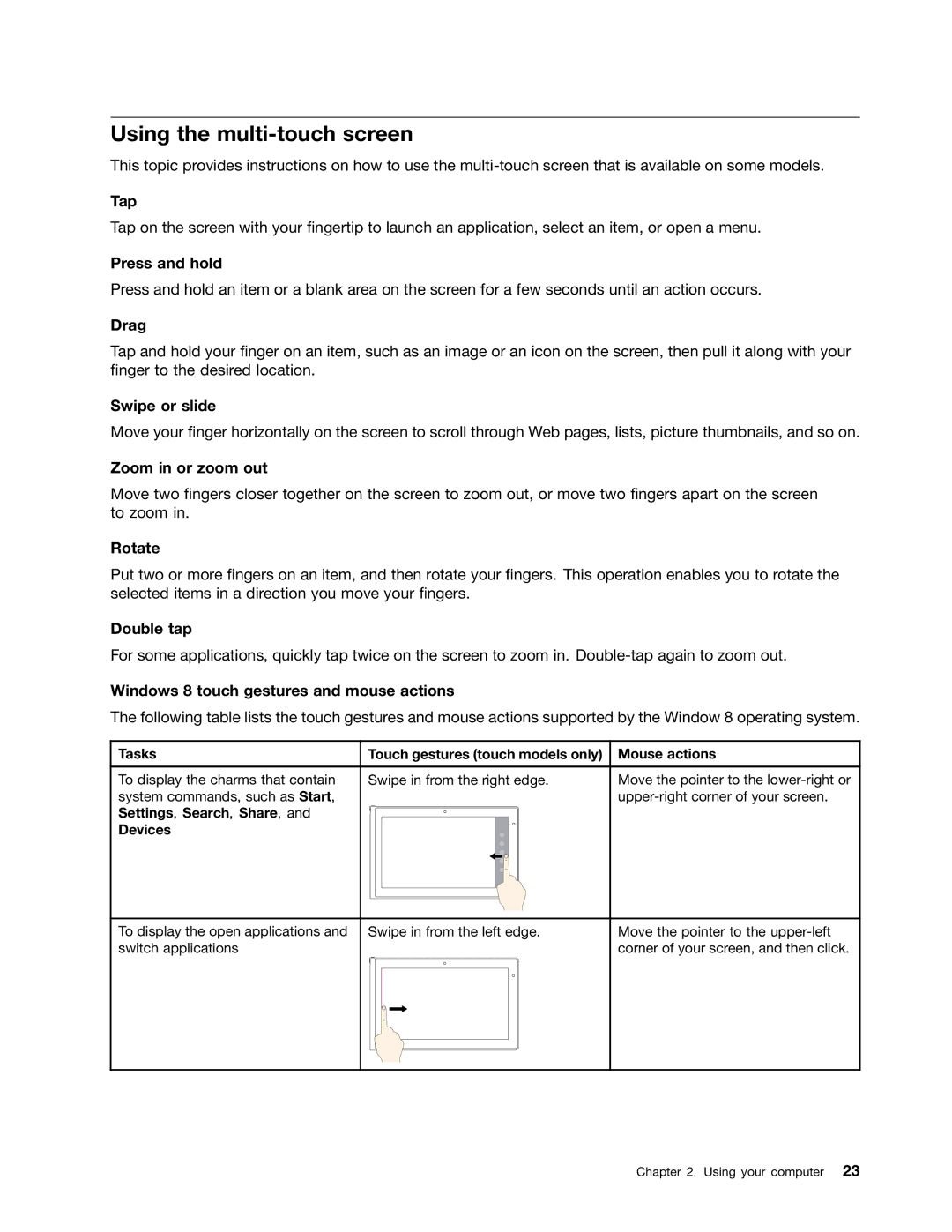 Lenovo E531, E431 manual Using the multi-touch screen 