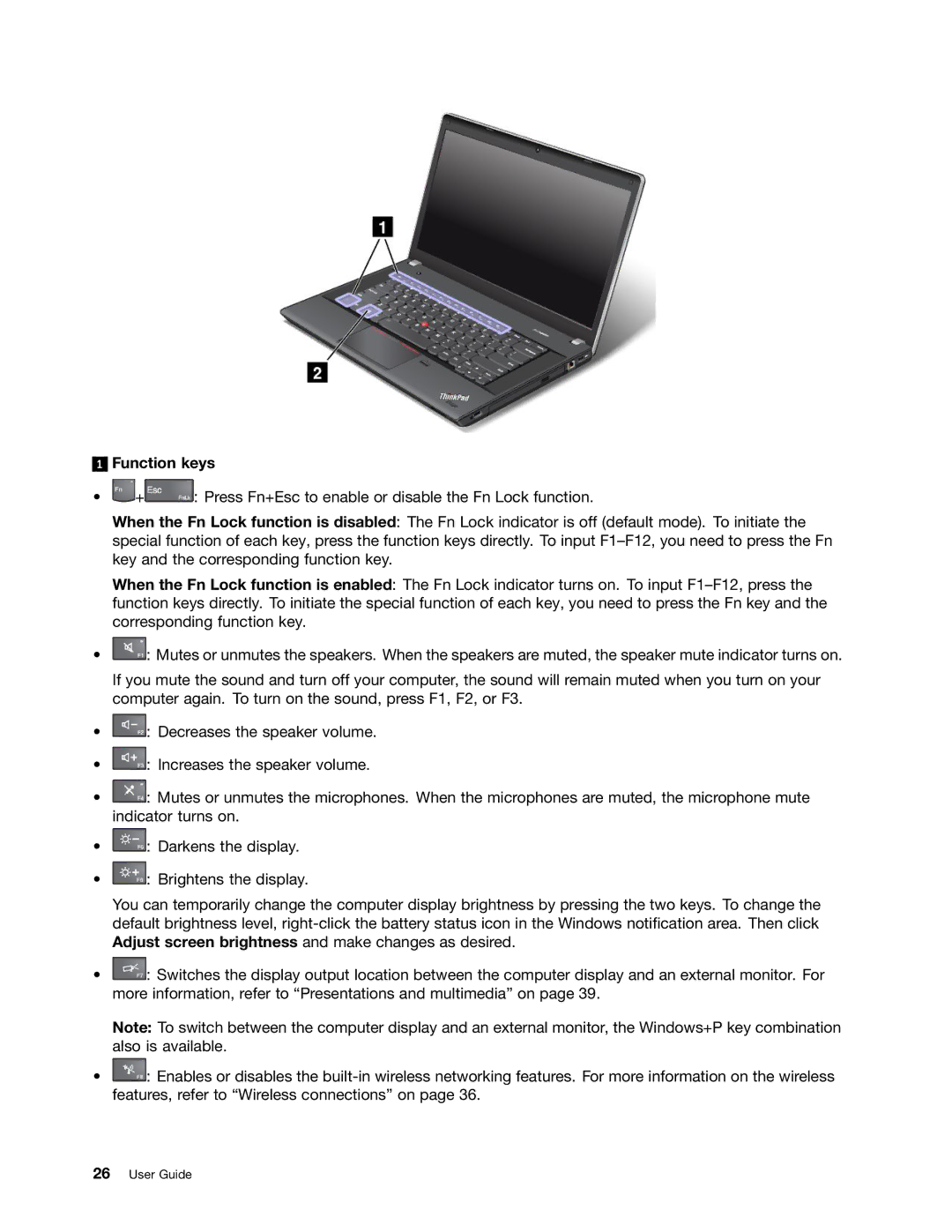 Lenovo E431, E531 manual Function keys 