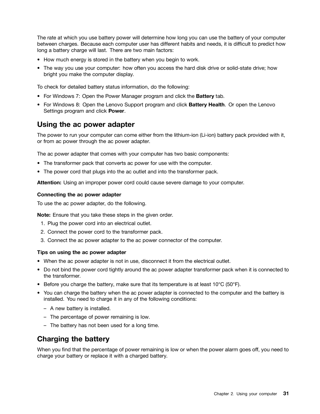 Lenovo E531, E431 manual Using the ac power adapter, Charging the battery, Connecting the ac power adapter 