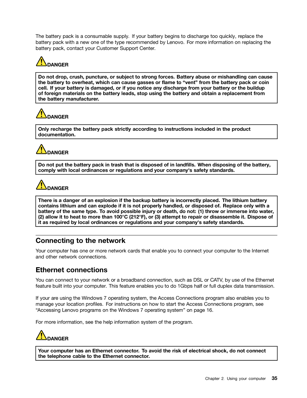 Lenovo E531, E431 manual Connecting to the network, Ethernet connections 