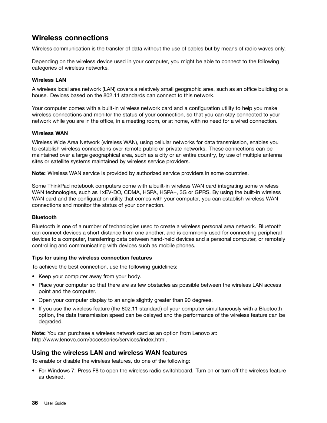 Lenovo E431, E531 manual Wireless connections, Using the wireless LAN and wireless WAN features 