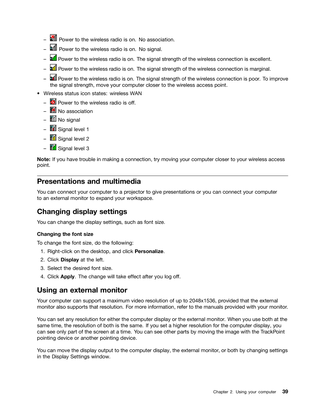 Lenovo E531 Presentations and multimedia, Changing display settings, Using an external monitor, Changing the font size 