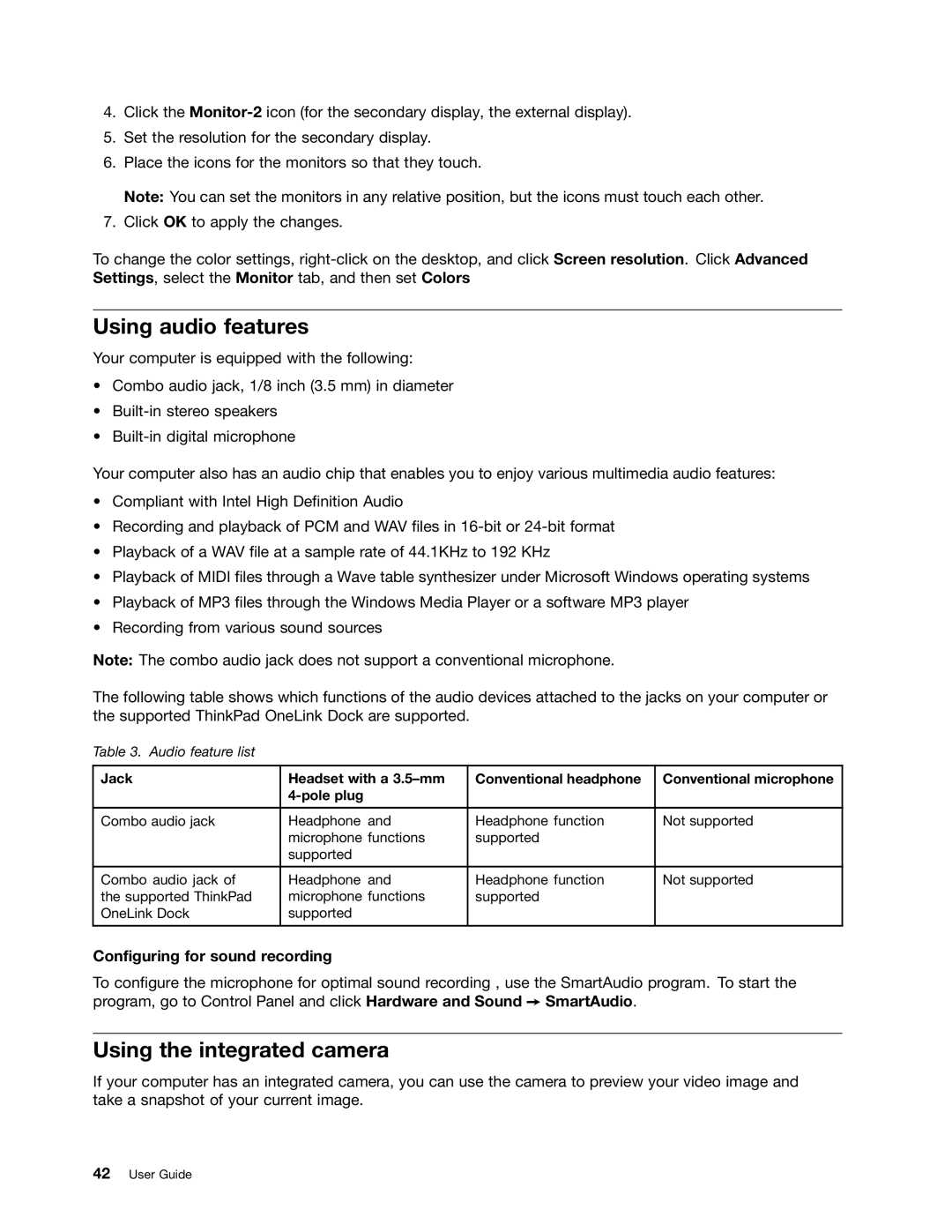 Lenovo E431, E531 manual Using audio features, Using the integrated camera, Configuring for sound recording 