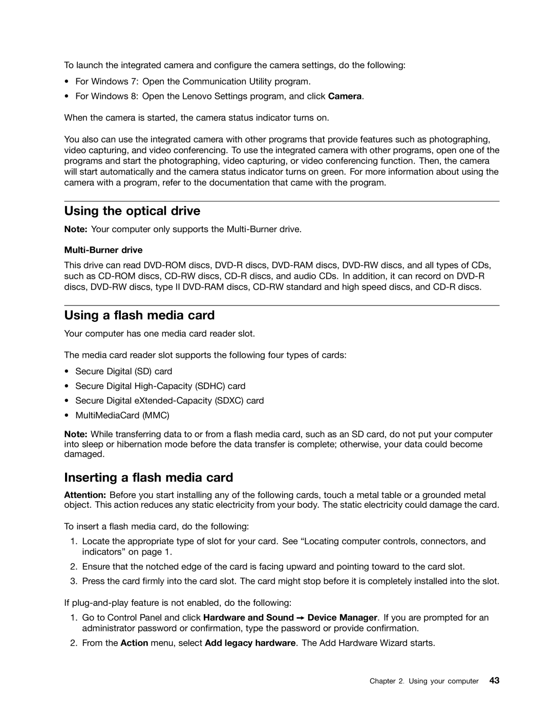 Lenovo E531, E431 manual Using the optical drive, Using a flash media card, Inserting a flash media card, Multi-Burner drive 