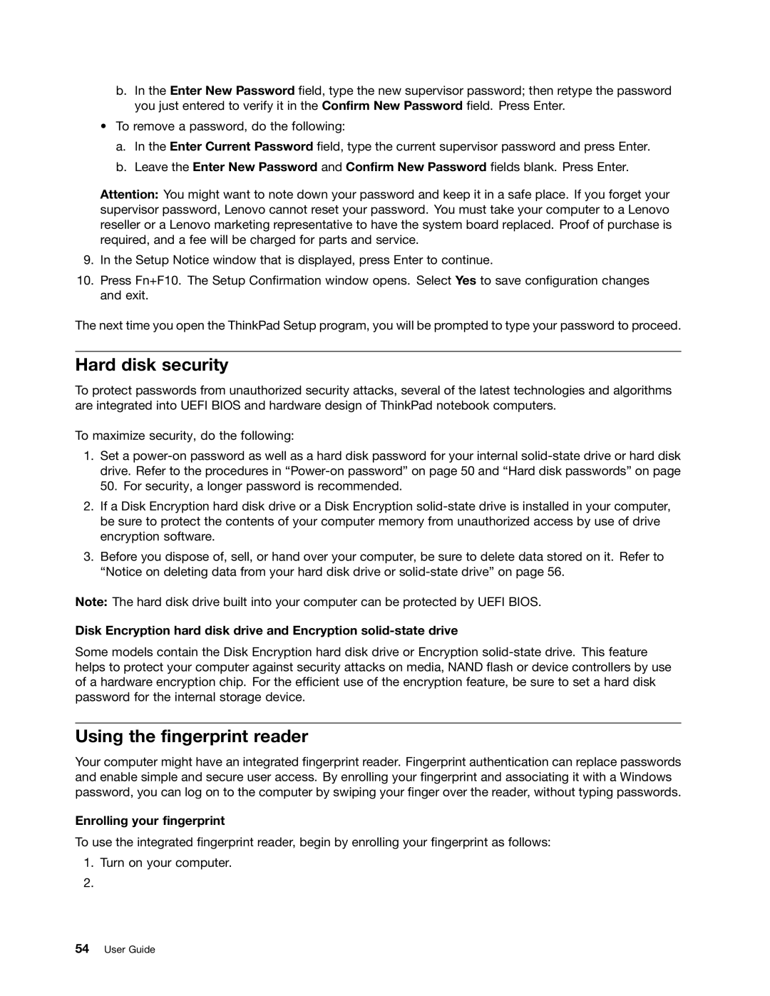 Lenovo E431, E531 manual Hard disk security, Using the fingerprint reader, Enrolling your fingerprint 