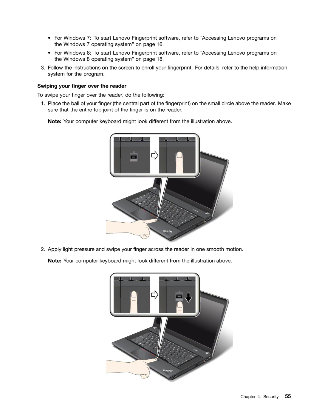 Lenovo E531, E431 manual Swiping your finger over the reader 