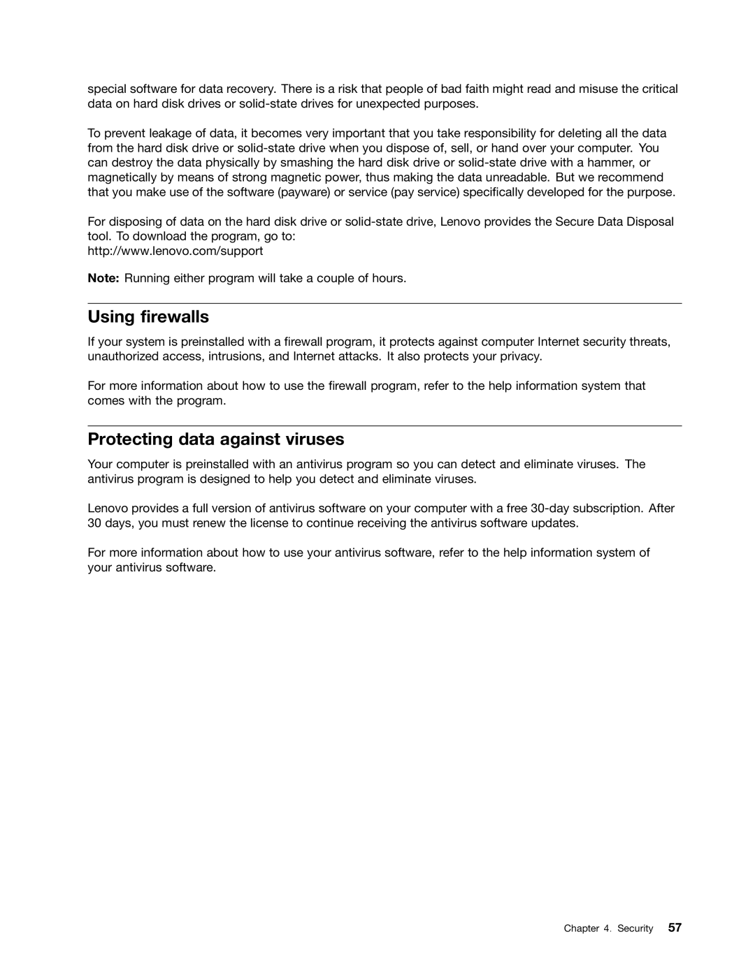 Lenovo E531, E431 manual Using firewalls, Protecting data against viruses 