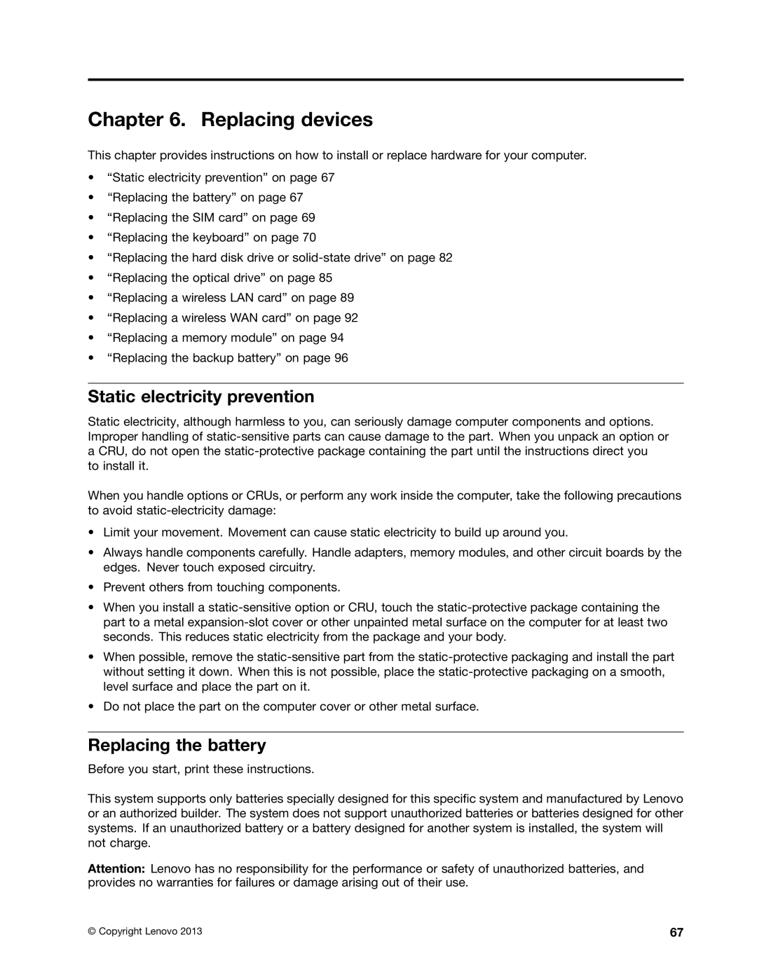 Lenovo E531, E431 manual Replacing devices, Static electricity prevention, Replacing the battery 