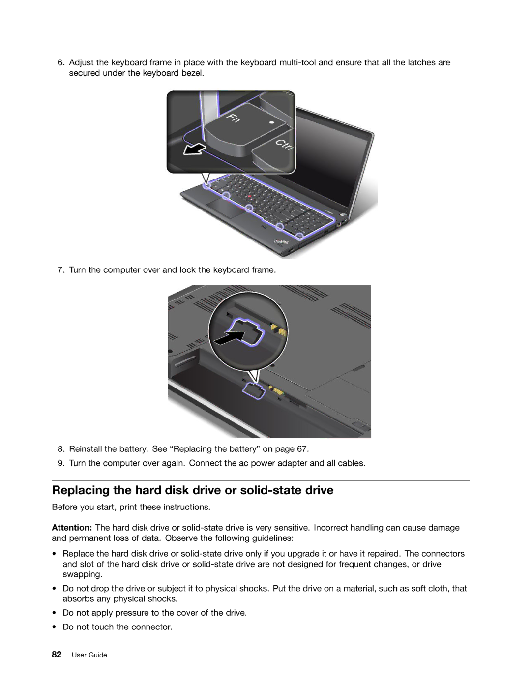 Lenovo E431, E531 manual Replacing the hard disk drive or solid-state drive 