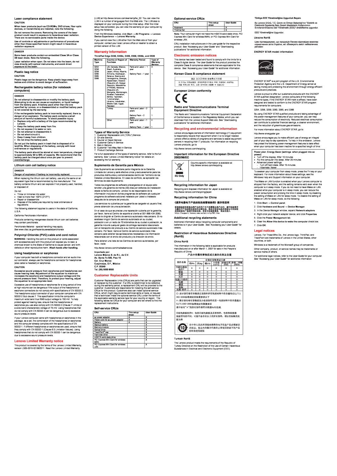 Lenovo E430C Lenovo Limited Warranty notice, Warranty Information, Customer Replaceable Units, Electronic emission notices 