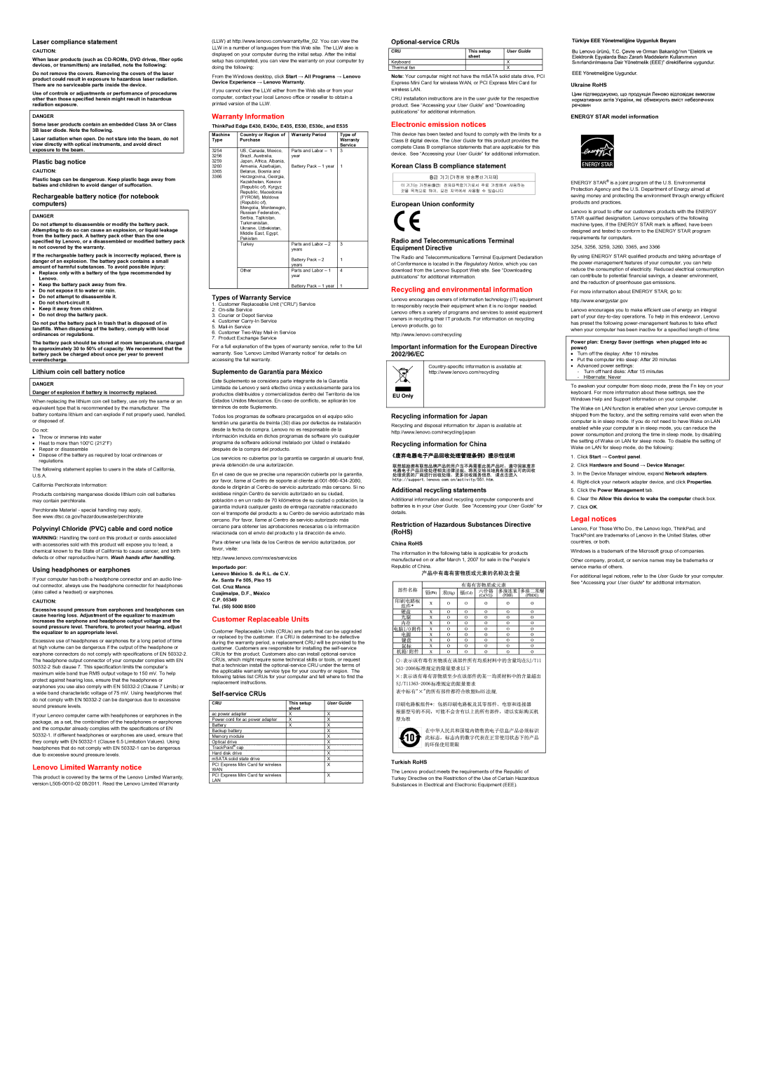 Lenovo E430C Lenovo Limited Warranty notice, Warranty Information, Customer Replaceable Units, Electronic emission notices 