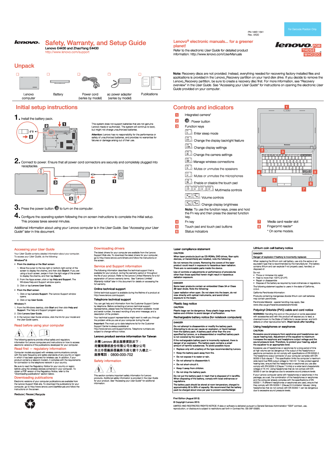 Lenovo E4430 warranty Safety, Warranty, and Setup Guide, Unpack, Initial setup instructions, Controls and indicators 