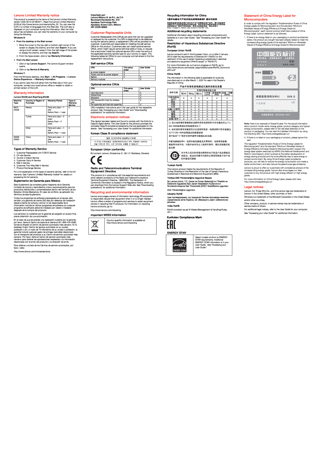 Lenovo E4430 Lenovo Limited Warranty notice, Warranty Information, Customer Replaceable Units, Electronic emission notices 