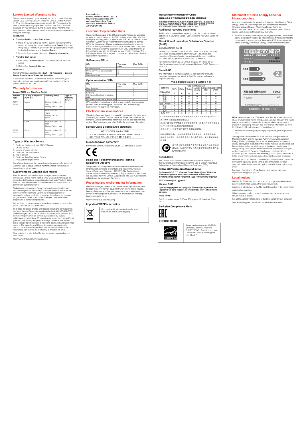 Lenovo E4430 Lenovo Limited Warranty notice, Warranty Information, Customer Replaceable Units, Electronic emission notices 