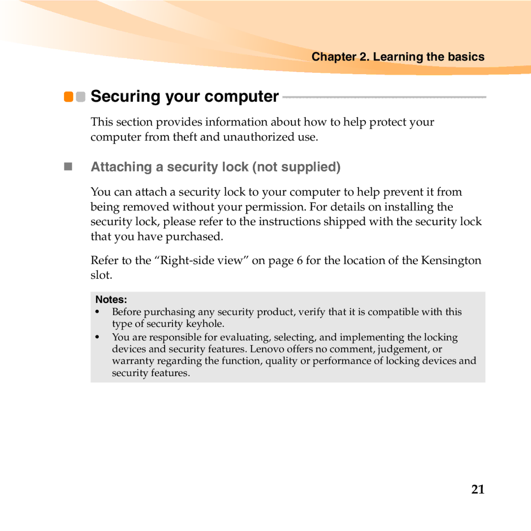 Lenovo E46 manual Securing your computer, „ Attaching a security lock not supplied 