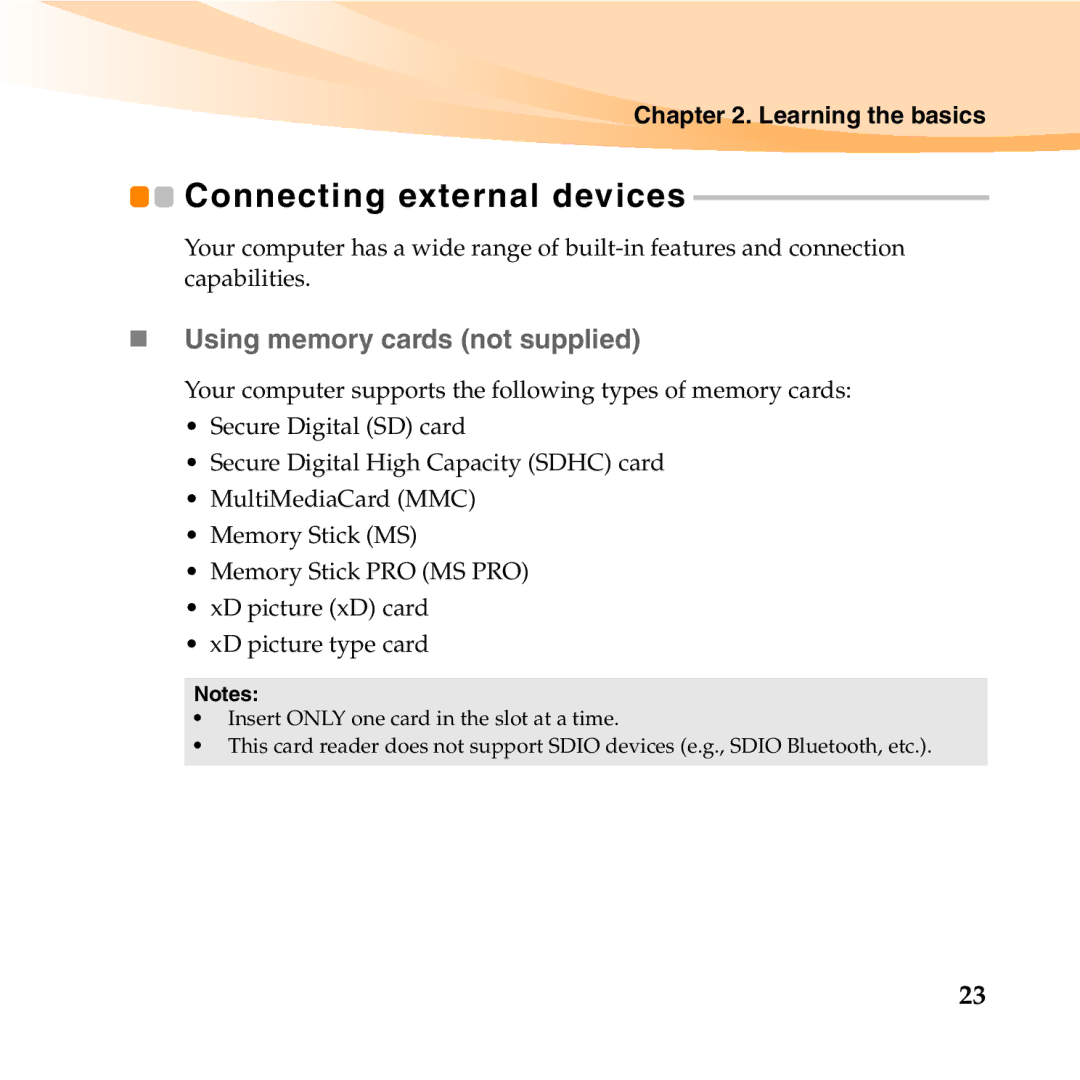 Lenovo E46 manual Connecting external devices, „ Using memory cards not supplied 