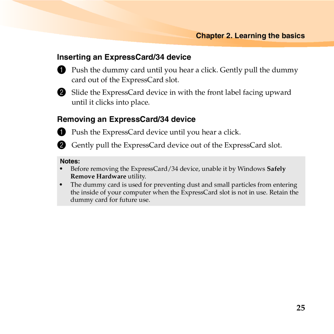 Lenovo E46 manual Learning the basics Inserting an ExpressCard/34 device, Removing an ExpressCard/34 device 