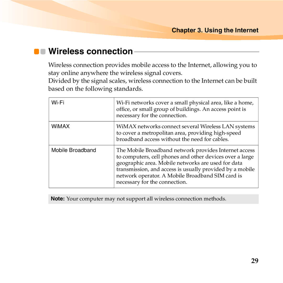 Lenovo E46 manual Wireless connection, Wi-Fi 