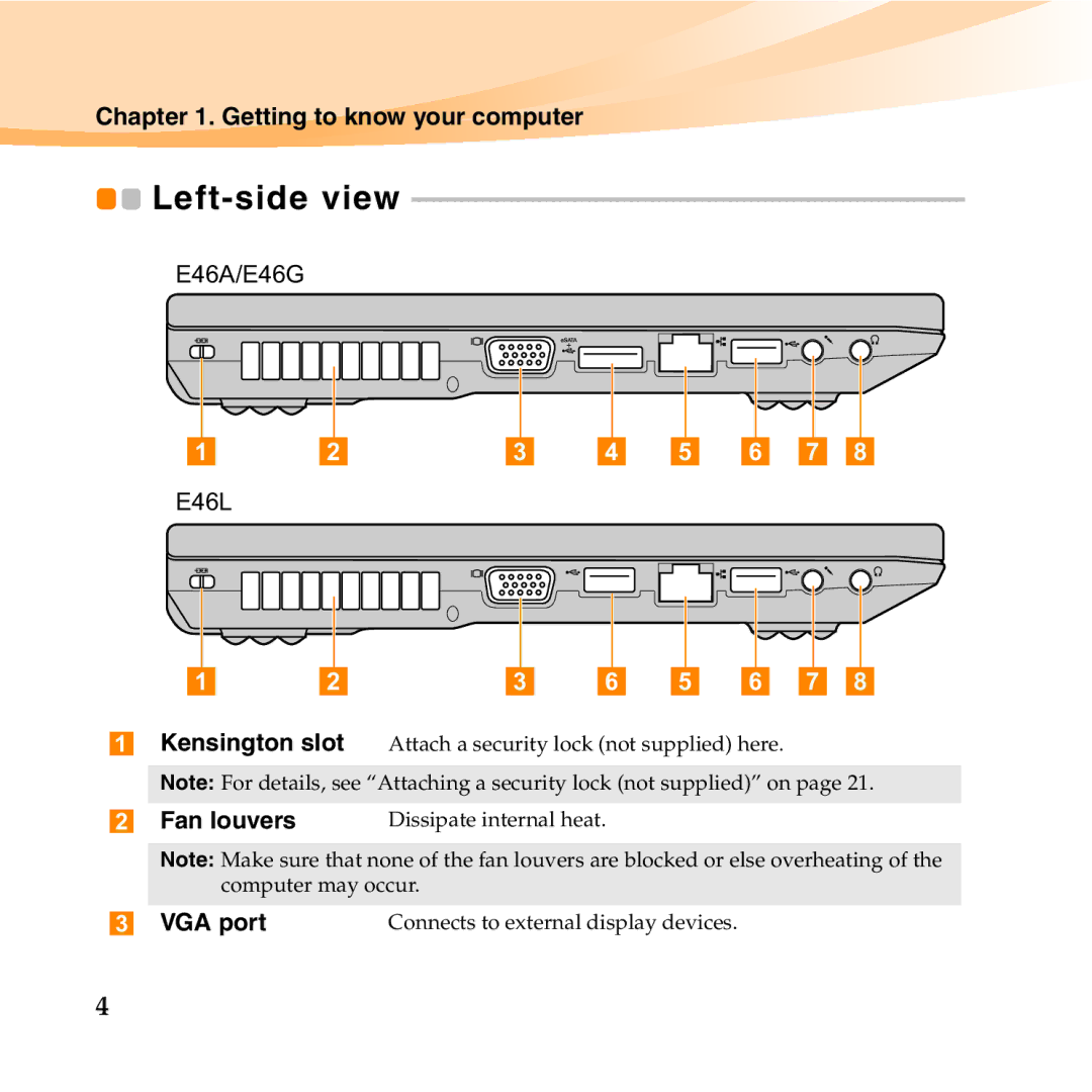 Lenovo E46 manual Left-side view, Fan louvers, VGA port 