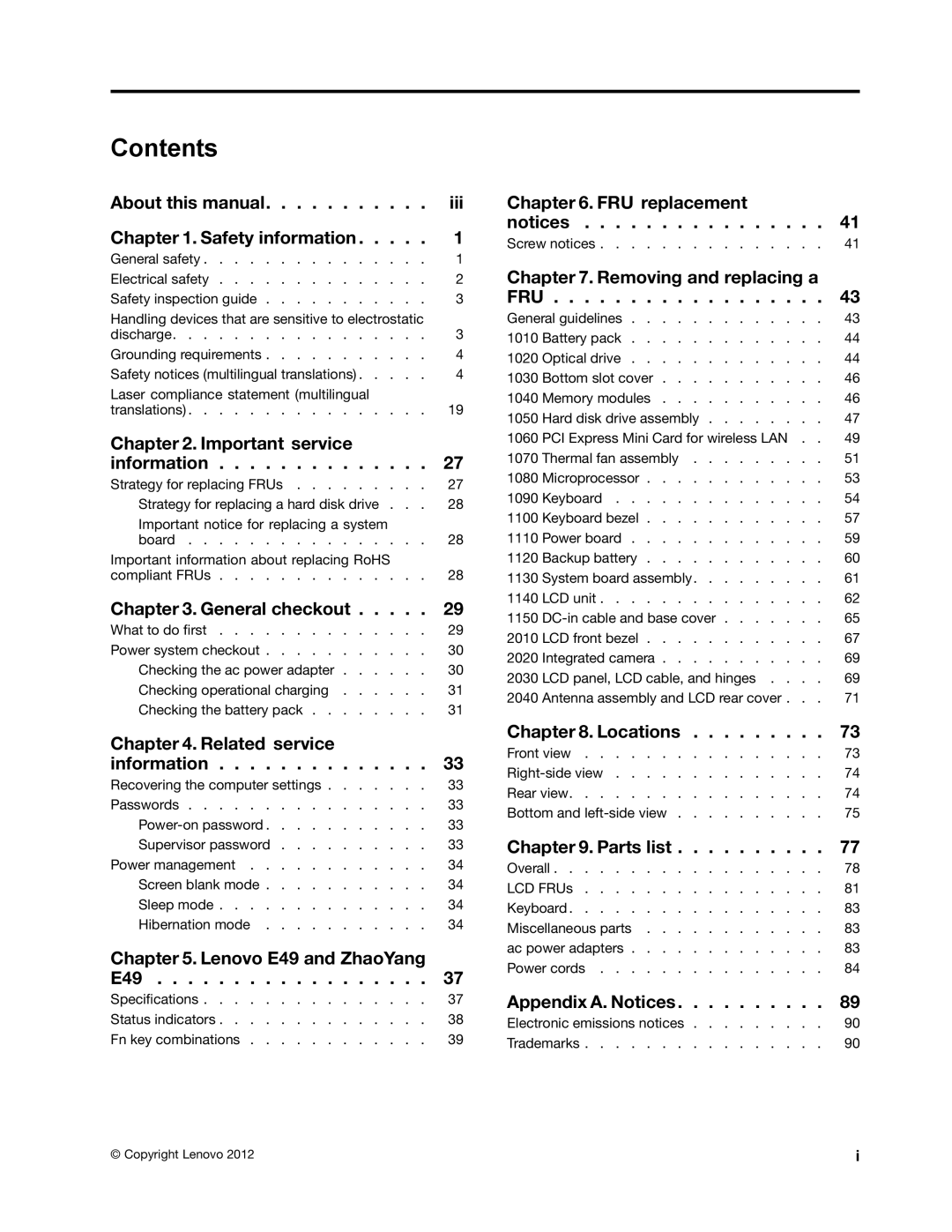 Lenovo E49 manual Contents 