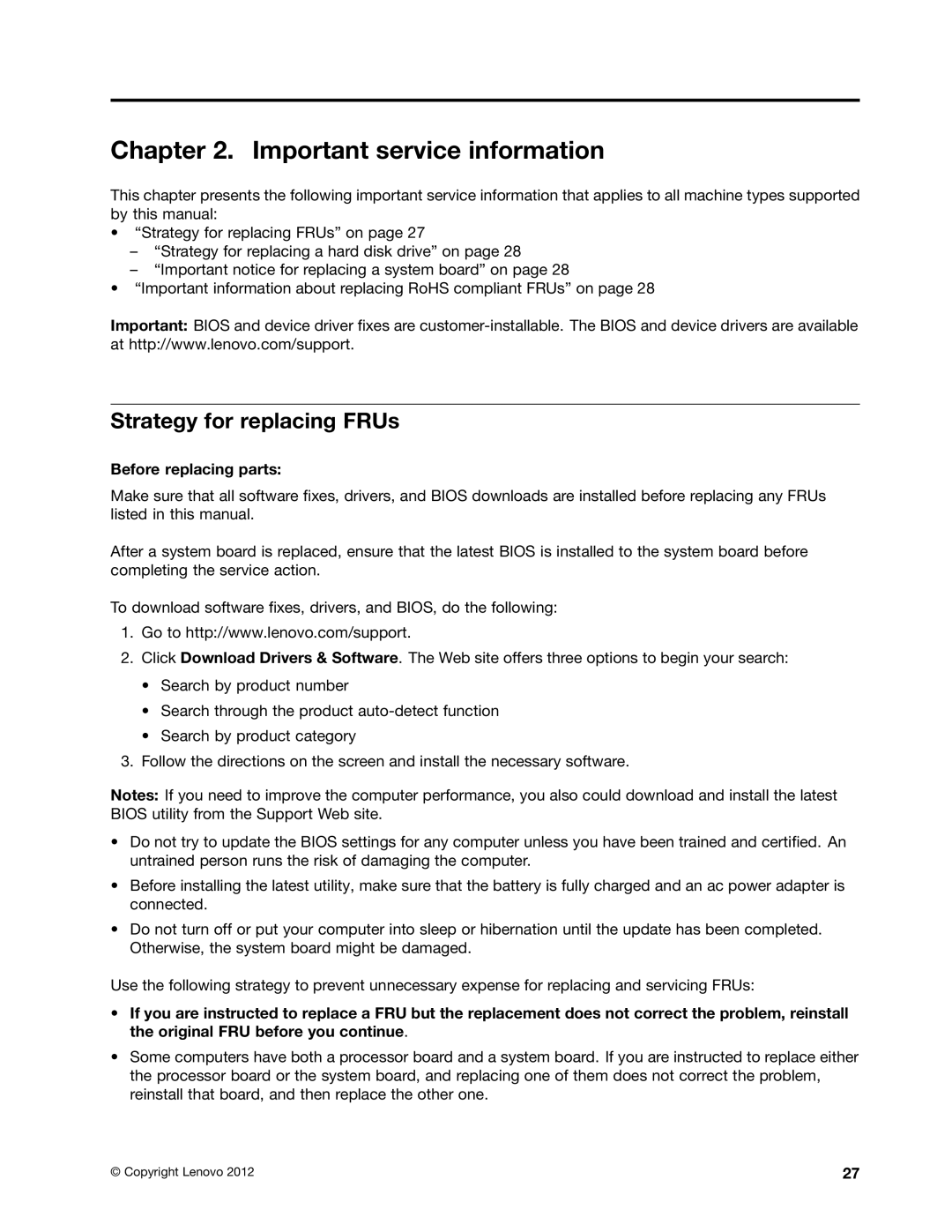 Lenovo E49 manual Important service information, Strategy for replacing FRUs, Before replacing parts 