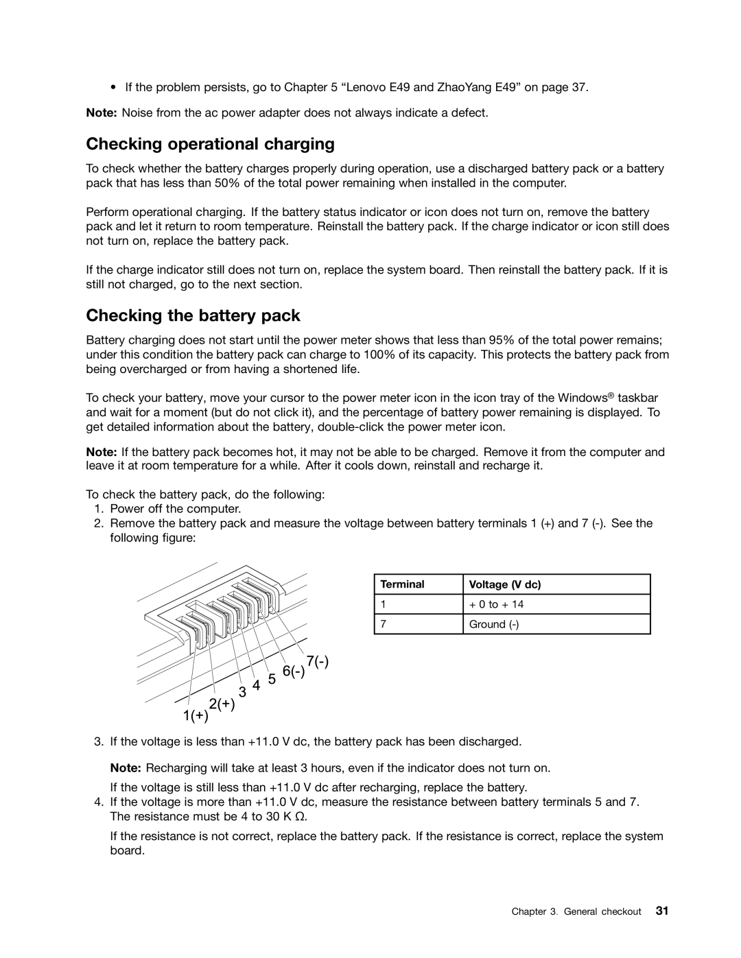 Lenovo E49 manual Checking operational charging, Checking the battery pack 