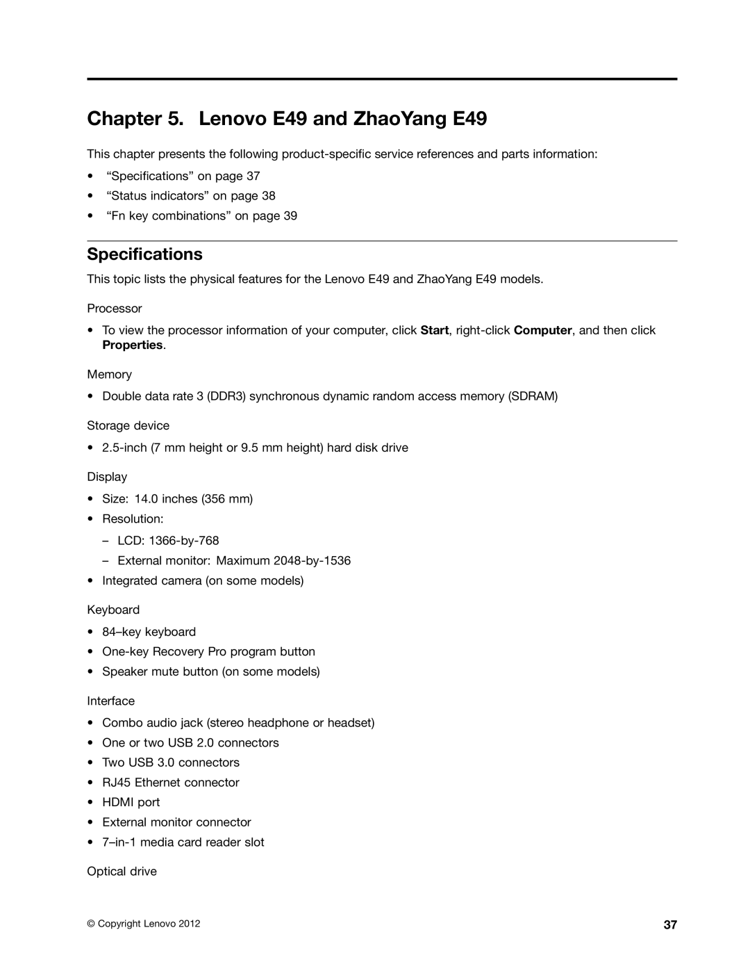 Lenovo manual Lenovo E49 and ZhaoYang E49, Specifications 