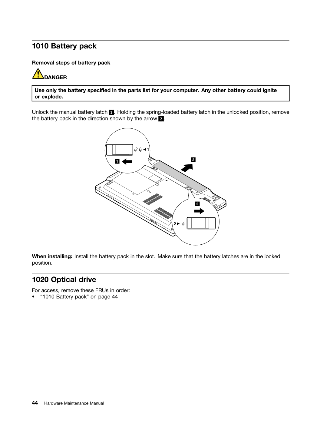 Lenovo E49 manual Battery pack, Optical drive 