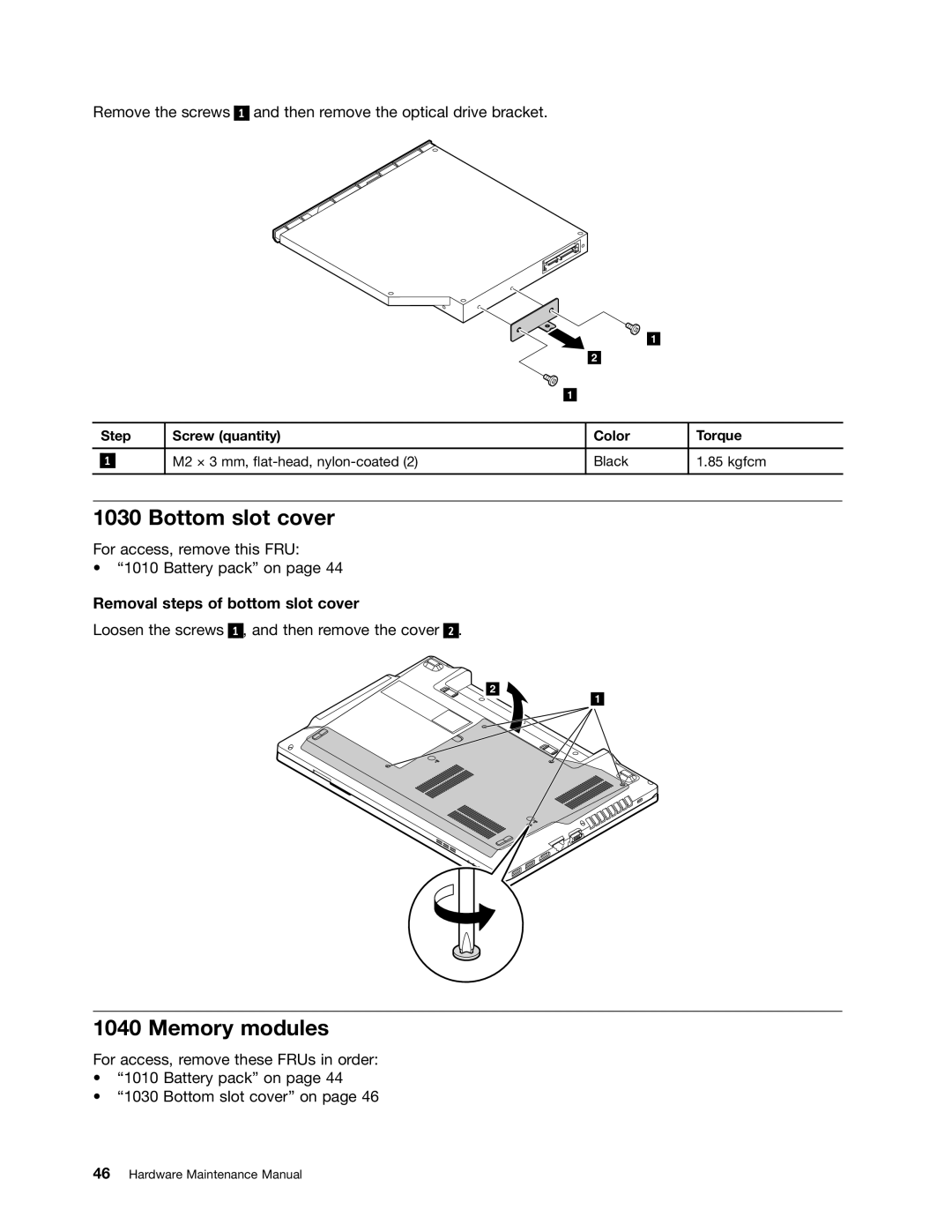 Lenovo E49 manual Bottom slot cover, Memory modules, Removal steps of bottom slot cover 