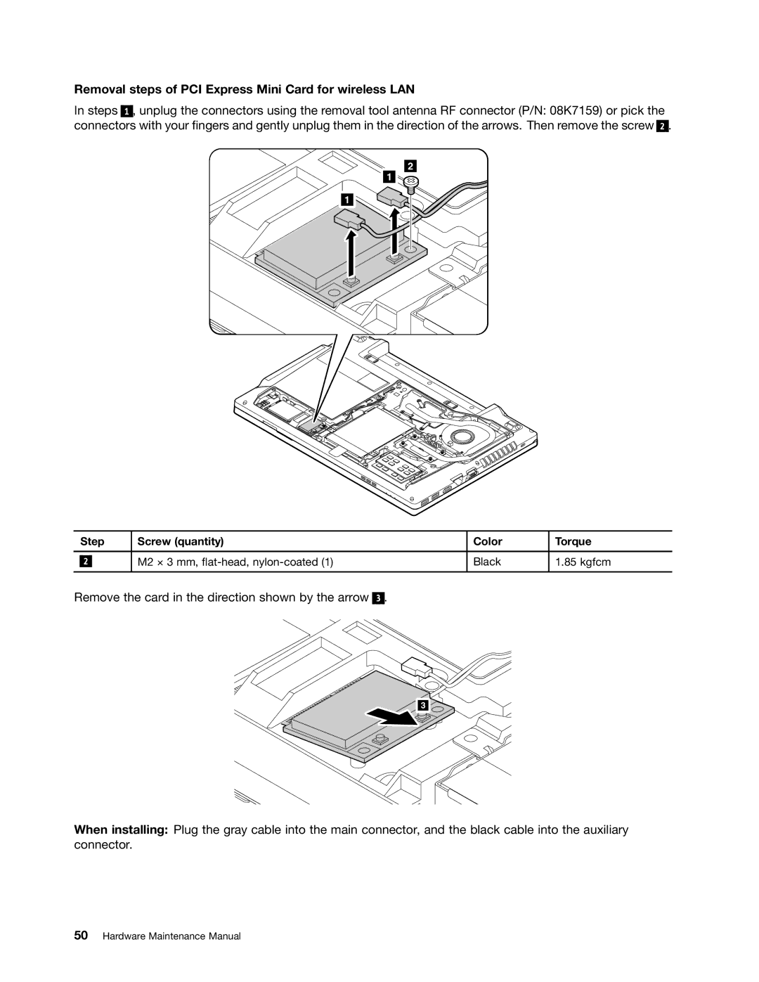 Lenovo E49 manual Removal steps of PCI Express Mini Card for wireless LAN 