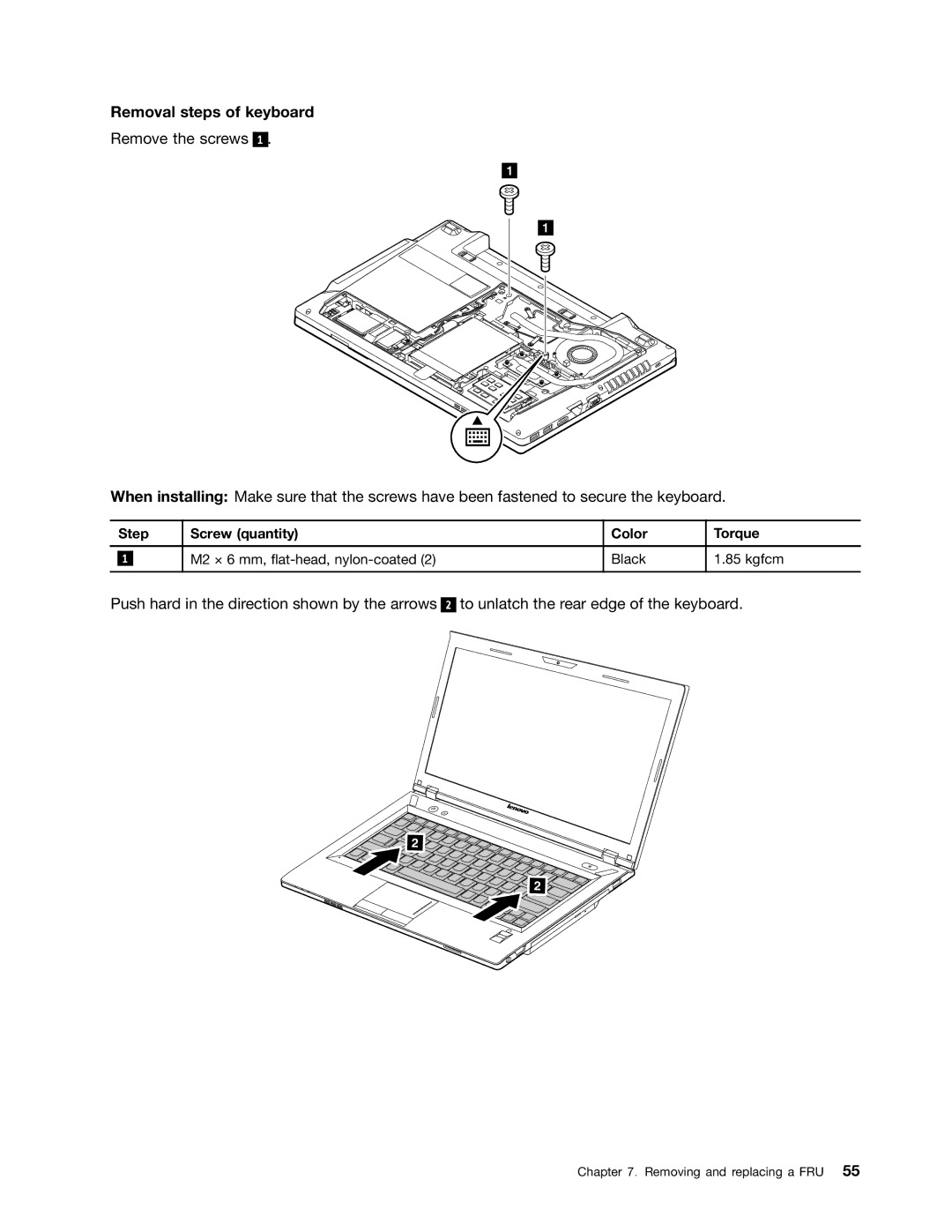 Lenovo E49 manual Removal steps of keyboard 