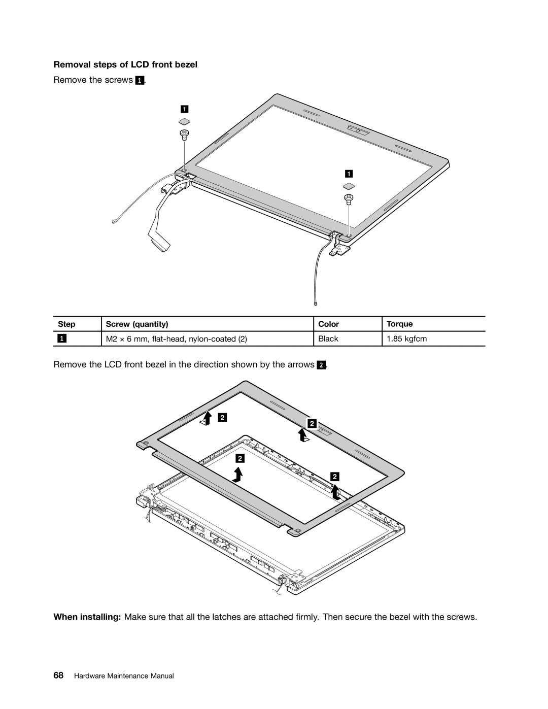 Lenovo E49 manual Removal steps of LCD front bezel 