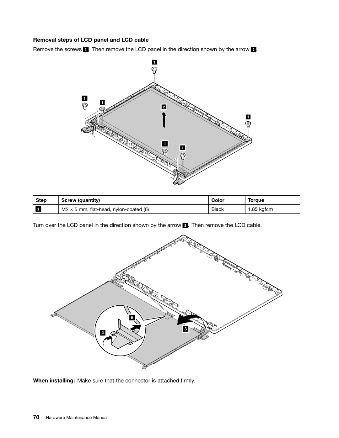 Lenovo E49 manual Removal steps of LCD panel and LCD cable 