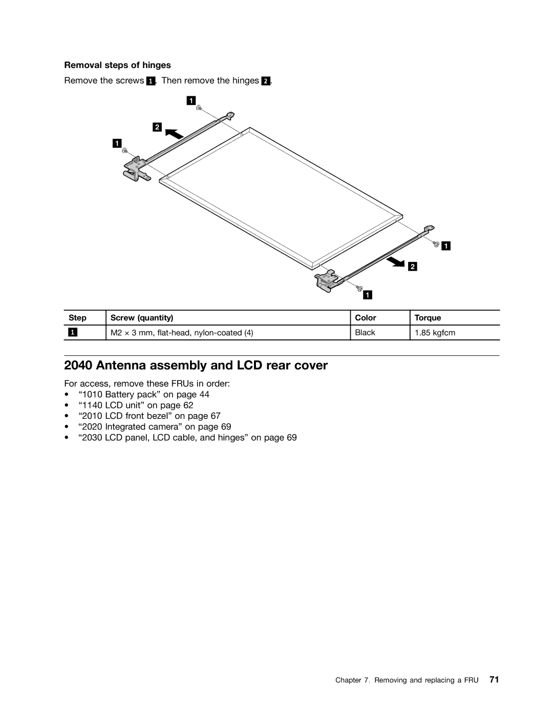 Lenovo E49 manual Antenna assembly and LCD rear cover, Removal steps of hinges 