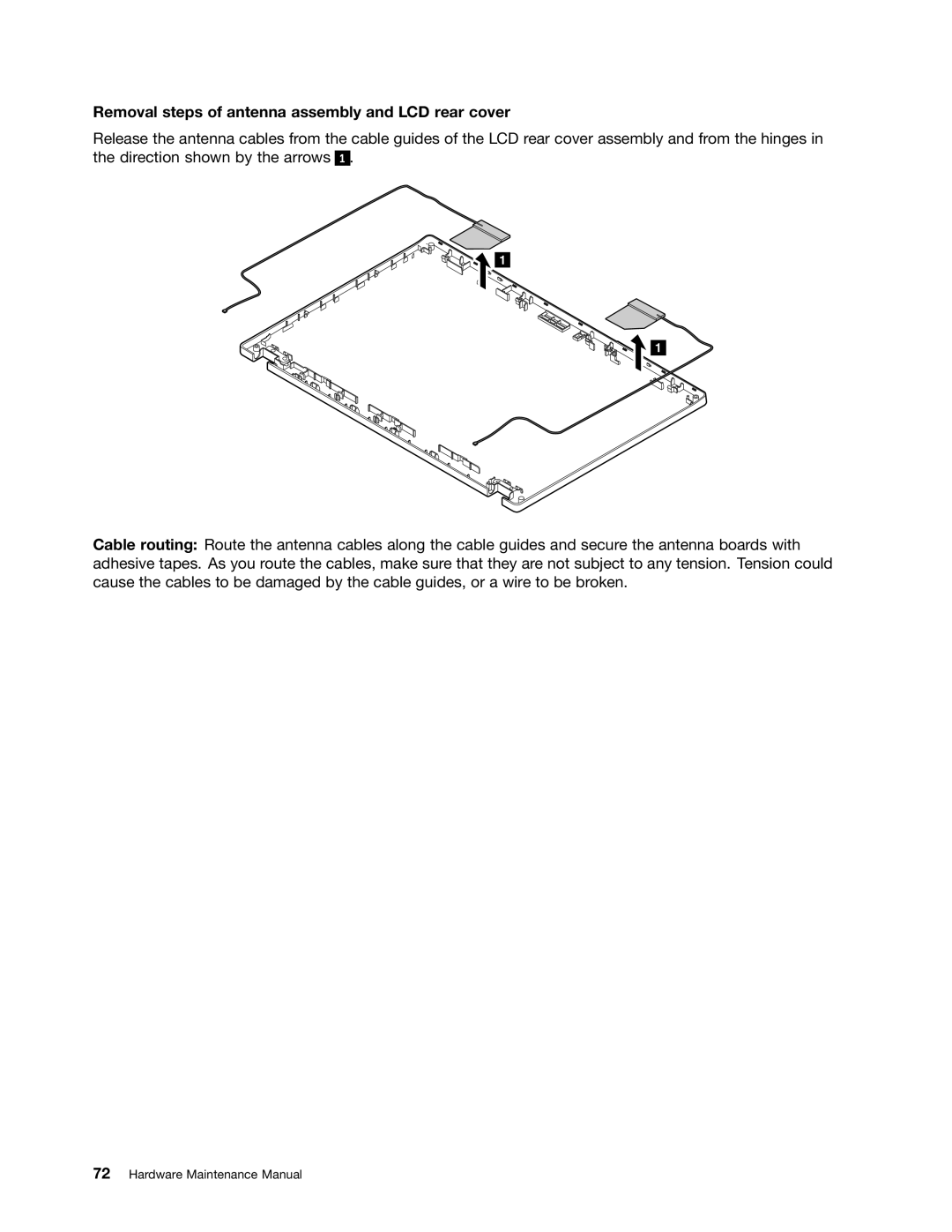 Lenovo E49 manual Removal steps of antenna assembly and LCD rear cover 