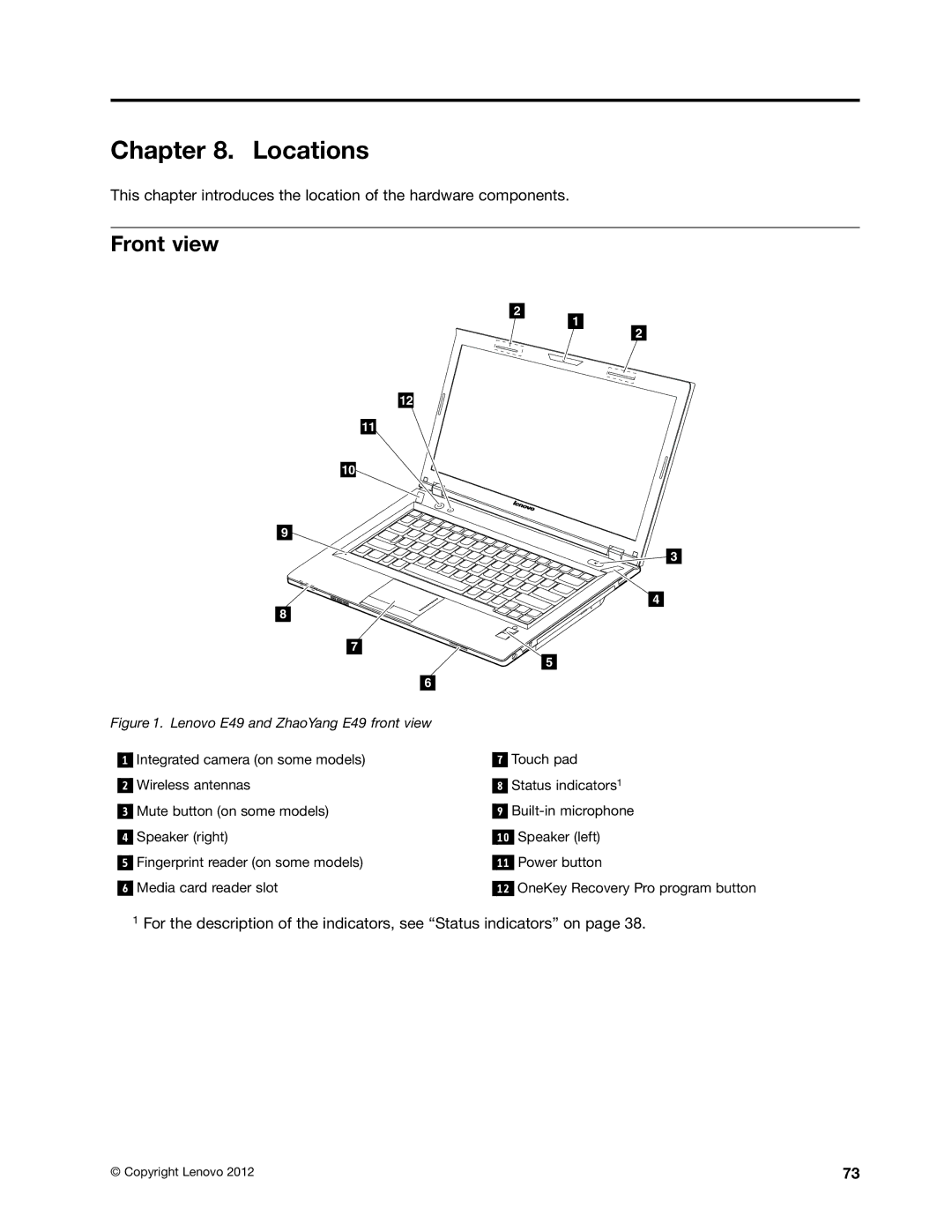 Lenovo E49 manual Locations, Front view 