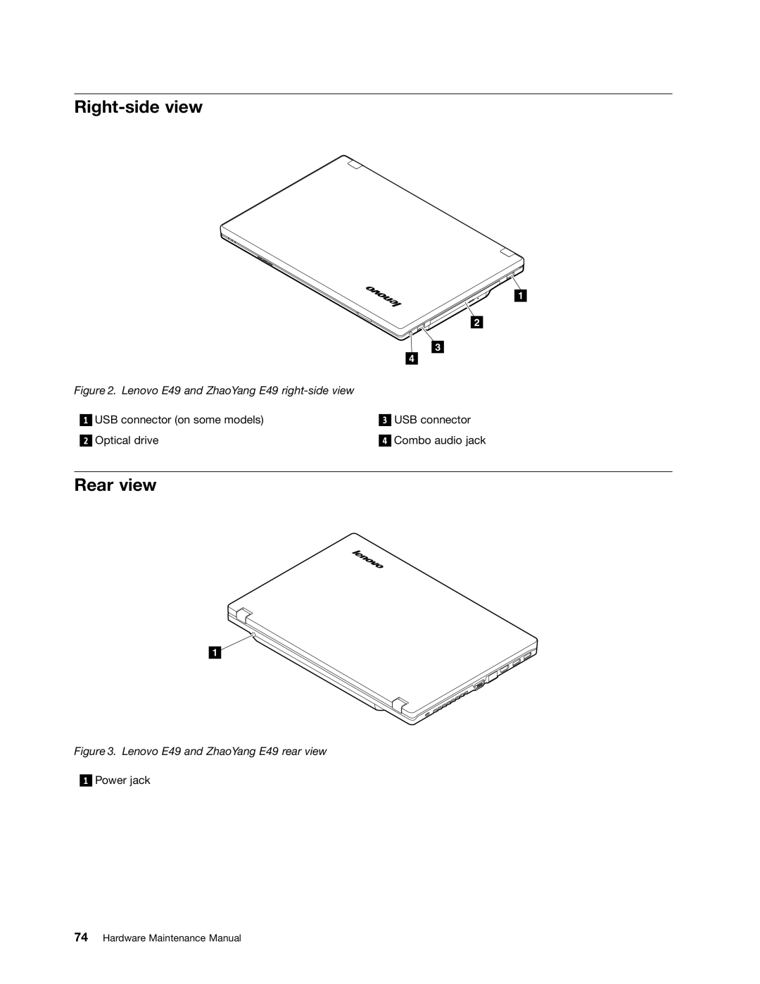 Lenovo E49 manual Right-side view, Rear view 