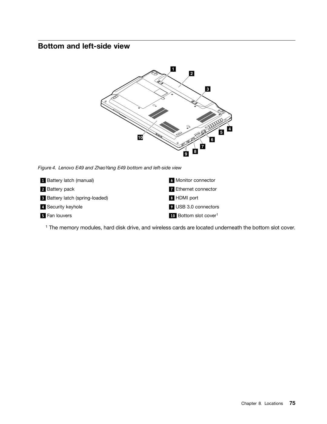 Lenovo manual Bottom and left-side view, Lenovo E49 and ZhaoYang E49 bottom and left-side view 