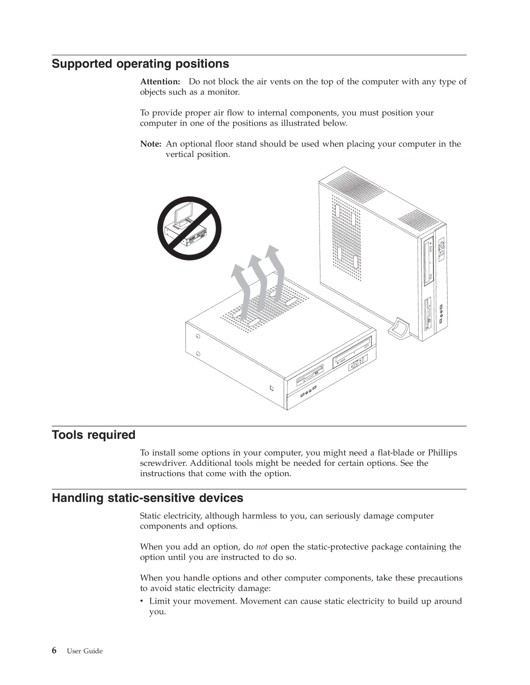 Lenovo 8819, E50, 8294, 9218, 8818, 9217, 8295 Supported operating positions, Tools required, Handling static-sensitive devices 