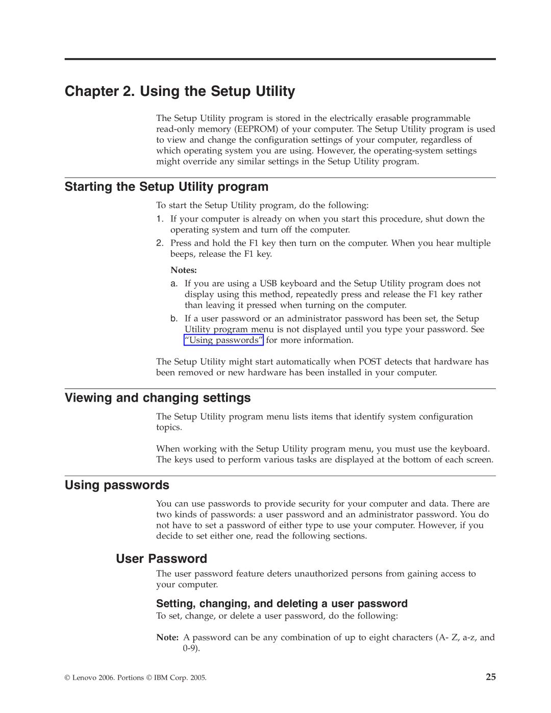 Lenovo 8819 Using the Setup Utility, Starting the Setup Utility program, Viewing and changing settings, Using passwords 