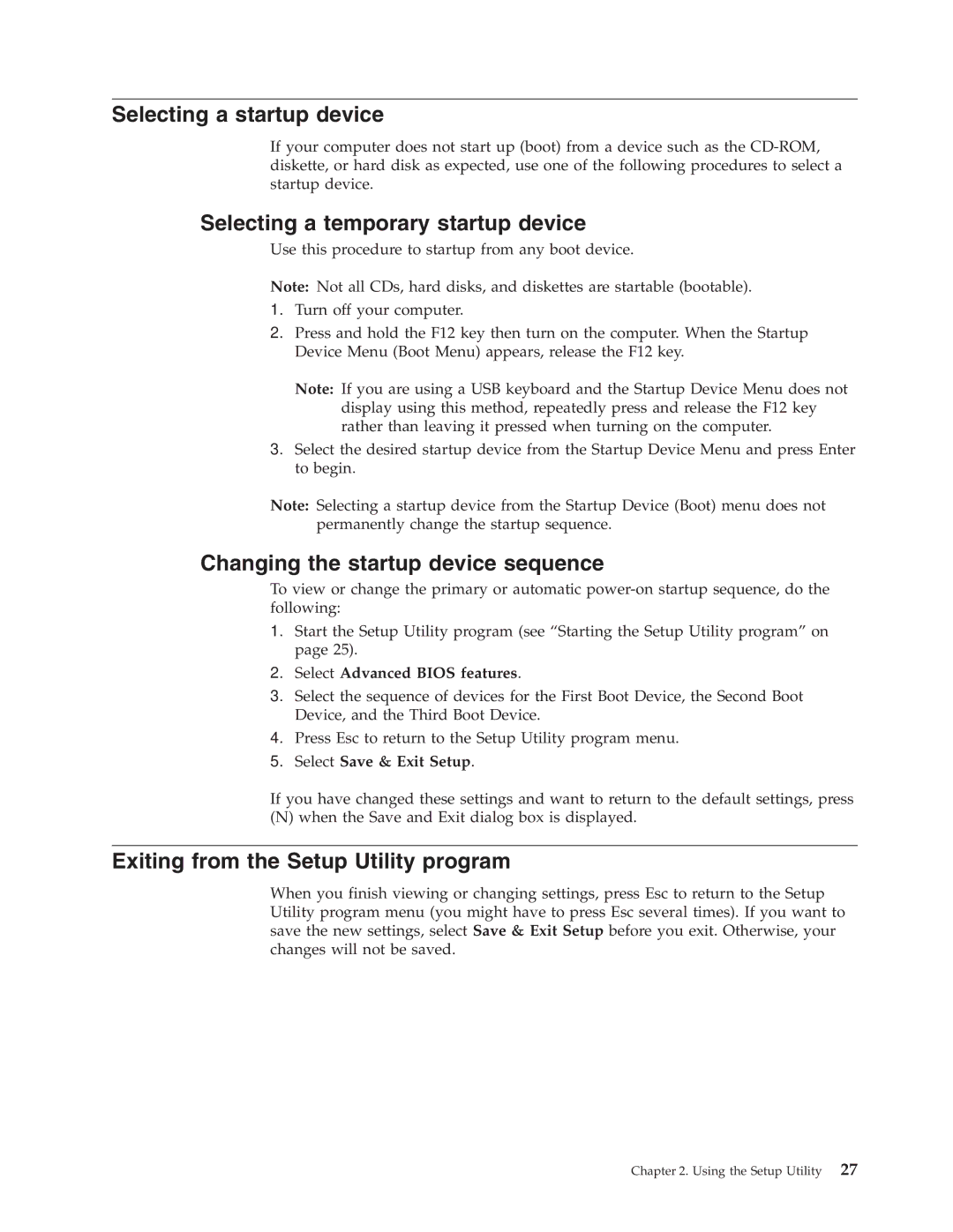 Lenovo 9217, E50 Selecting a startup device, Selecting a temporary startup device, Changing the startup device sequence 