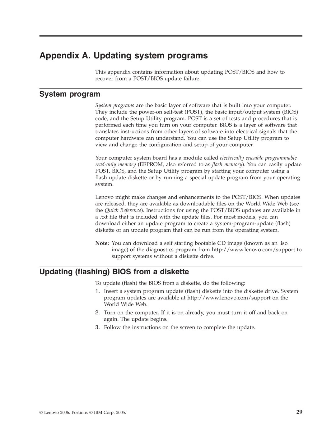 Lenovo 8773, E50, 8294, 9218 Appendix A. Updating system programs, System program, Updating flashing Bios from a diskette 