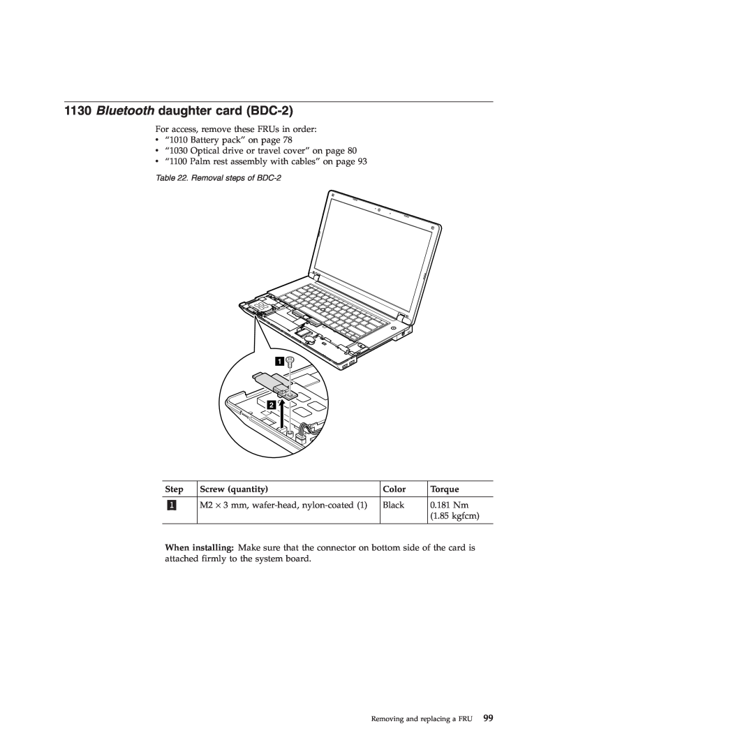 Lenovo E40, E50 manual Bluetooth daughter card BDC-2, Step, Screw quantity, Color, Torque 